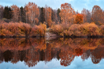 Autumn forest by the river. Autumn trees reflected in calm water. Colorful fall landscape. Indian summer.