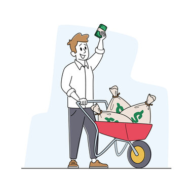 recommend clip art: Rich Man with Wheelbarrow full of Dollar Sacks. Male Character Richness and Prosperity Concept. Successful Businessman