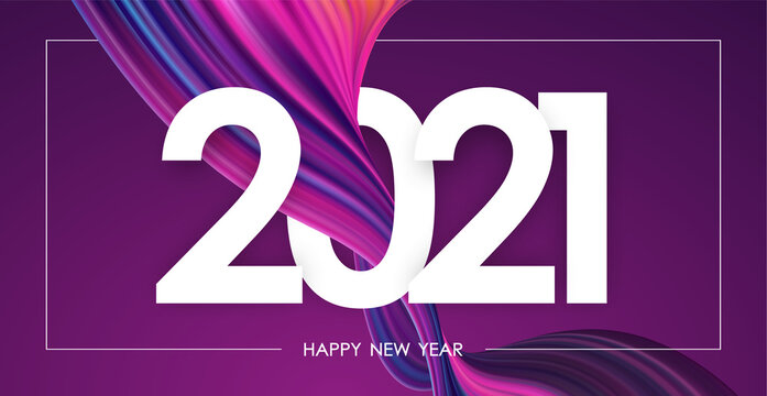 Happy New Year 2021. Greeting card with colorful abstract twisted paint stroke shape.