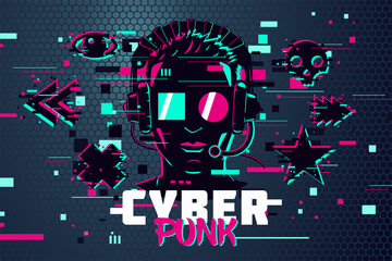 Cyber punk man. Boy gamer portrait. Video games background, glitch style. Male online user avatar. Vector illustration.