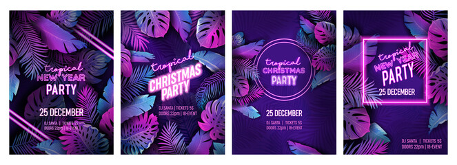 Tropic Christmas party neon flyer set, vibrant vector New Year holiday poster. Disco monstera palm leaves design
