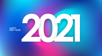 Happy New Year 2021. Greeting poster with holographic abstract background. Trendy design.