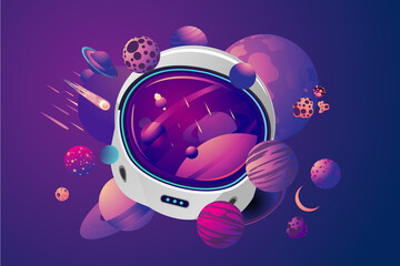 Space helmet on isolated background with planet. Astronaut spacesuit with space on reflection. Pilot mask vector clip art