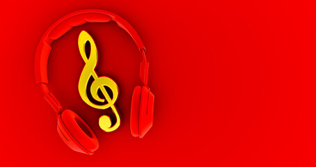 red Headphones and golden notes on red background - concept of a music . 3D render