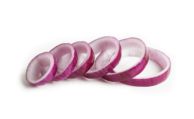 red onion rings diagonally isolated on white background