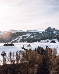 Sunrise in the Alpstein Mountain Range in Switzerland during winter.