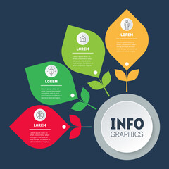 Infographics on dark background. Template of diagram with leaves. Info graphic of technology or education process with four steps. Business presentation concept with 4 parts and icons.