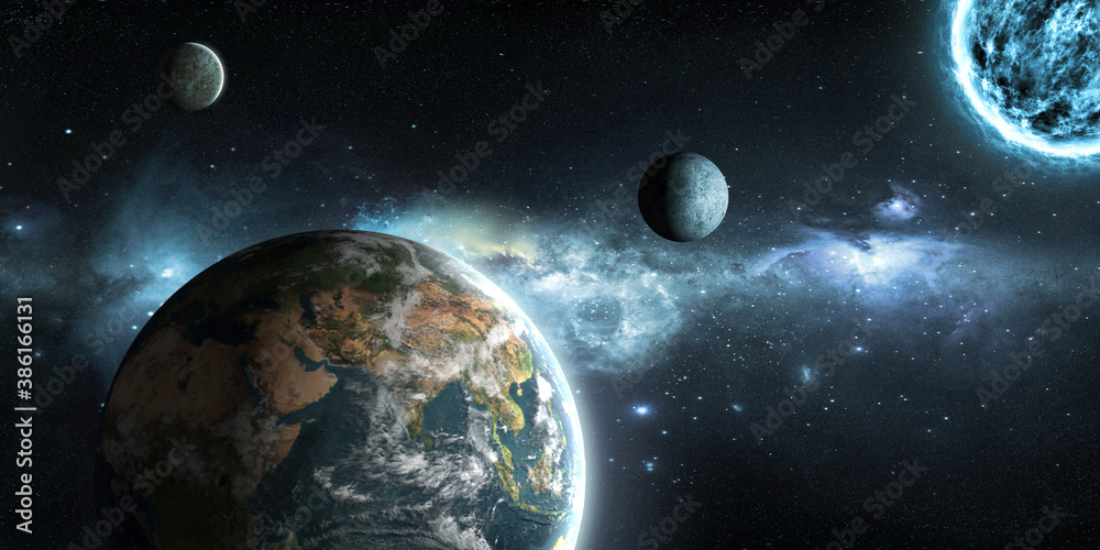 Canvas Prints earth, moon and sun on the background of outer space with a beautiful nebula