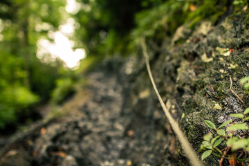 Iron rope stretched along the rock in smoky mountains nationa park