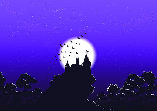 full moon over the cursed vampire castle vector Halloween night illustration, dark forest and bats