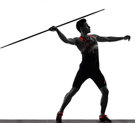 one young caucasian athlete man practicing Javelin athletics in studio isolated on white background