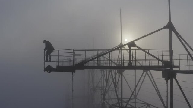 The arc is a secret object of the USSR shot by a drone. Chernobyl City 2. Fog. Man