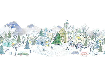 Seamless border of a winter town with Christmas tree. House,park,mountain,snowflakes and lake. Watercolor hand drawn illustration.White background.	