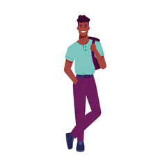African American man with broad white smile, handsome person with backpack isolated college or university student. Vector male in casual cloth, multicultural urban guy with sexy toothy smile