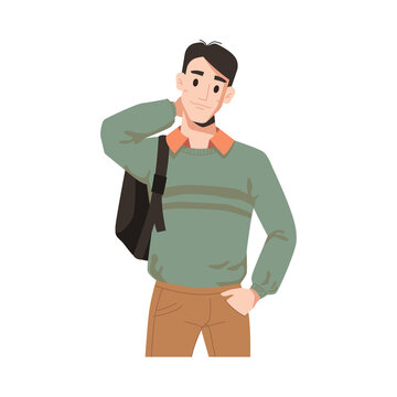 Man in sweater and beige jeans with backpack isolated college or university student. Vector urban guy, caucasian american businessman in casual cloth, handsome male character flat cartoon portrait