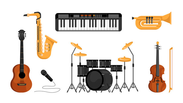 Musical instruments set isolated flat-cartoon icons. Vector digital piano, acoustic guitar and violin string tools, saxophone and brass blowing trumpet, drums, microphone. Music band playing objects