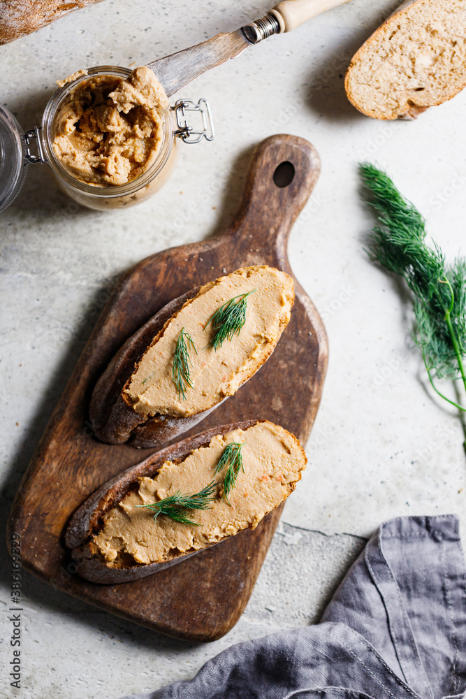 Wall mural toasts with pate and fresh dill. healthy appetizer.