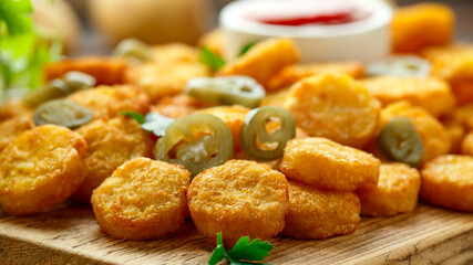 Mini hash browns, tater tots crispy golden potato bites served with jalapeno peppers dipped in ketchup