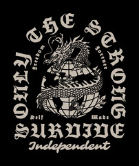 Asian Dragon Around Wire Globe Illustration with Slogans Artwork for Apparel and Other Uses