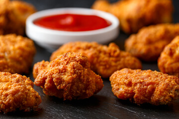 Spicy deep fried Chicken wings with ketchup on stone board