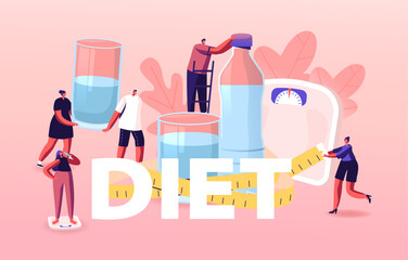 Diet Concept. Male and Female Characters Enjoying Healthy Lifestyle and Food. Sporty People Drinking Fresh Water Poster