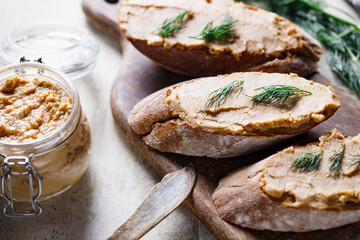 Toasts with pate and fresh dill. Healthy appetizer.