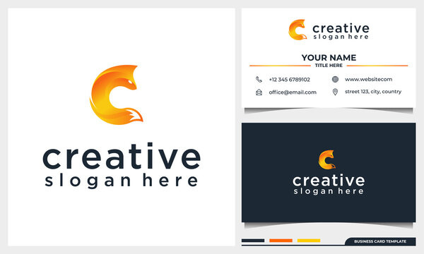 Abstract Fox, orange Wolf with letter C initial and business card template