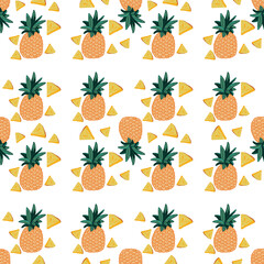 seamless pattern with pineapple and pineapple slices on a white background. Vector illustration