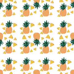 seamless pattern with pineapple and pineapple slices on a white background. Vector illustration