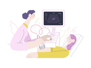 Medical tests illustration - ultrasound - modern flat vector concept digital illustration of ultrasonography procedure -doctor examing patient pregnant woman with scanner, medical office or laboratory