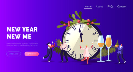 People Greeting, Dancing, Celebrate New Year Landing Page Template. Happy Characters Having Fun and Drinking Champagne