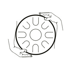 Hands hold a round musical instrument -  glucophone. Silhouette of a metal drum. Abstract minimalistic sketch in black continuous lines. Great for postcard, textiles, logo, icon, avatar. - 386172181