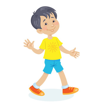 Happy little Asian boy is walking. In cartoon style. Isolated on white background. Vector flat illustration.