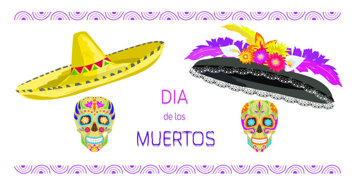 Two painted colorful sculls (calavera) for Day of the Dead (Dia de los Muertos) in Mexico, with hats, sombrero for male and Catrina type hat with flowers and feathers for female, for prints, web