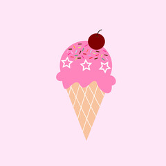 Cute ice cream cone strawberry with cherries on pink background.