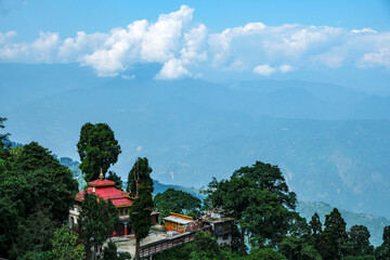 Fototapeta na wymiar Darjeeling, India - October 2020: The Bhutia Busty Monastery in Darjeeling on October 14, 2020 in West Bengala, India.