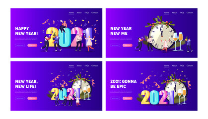 Obraz premium Winter Season Holidays, Corporate Event Celebration Landing Page Template Set. Tiny Characters Celebrate New Year 2021