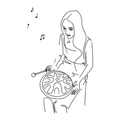 Уoung girl plays a musical instrument - Glucophone. Female silhouette with metal drum. Notes. Abstract minimalistic sketch in black continuous lines - 386172796