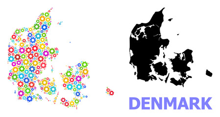 Obraz premium Vector composition map of Denmark designed for engineering. Mosaic map of Denmark is designed from scattered colored cogs. Engineering components in bright colors.