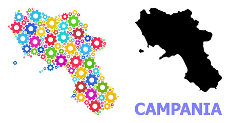 Obraz premium Vector composition map of Campania region created for engineering. Mosaic map of Campania region is created with random colored gear wheels. Engineering components in bright colors.