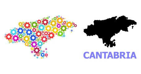 Obraz premium Vector collage map of Cantabria Province created for engineering. Mosaic map of Cantabria Province is created with random bright cogs. Engineering components in bright colors.