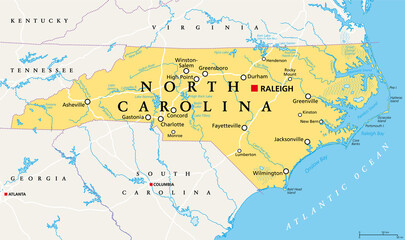 Fototapeta na wymiar North Carolina, NC, political map. With the capital Raleigh and largest cities. State in the southeastern region of the United States of America. Old North State. Tar Heel State. Illustration. Vector.