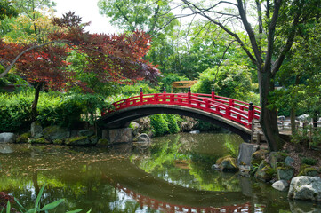 公園の池にかかる赤いアーチ状の端