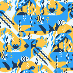 Under water sea seamless pattern with whale, fish, jellyfish, tropical fish, crab, coral, seashells, seaweed. Perfect for fabric, textile, wallpaper. Sea creatures design pattern.