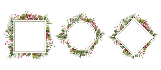 Christmas decorative frame set. Hand drawn watercolor Christmas frame with winter floral and flowers, berry, leaves isolated on white background
