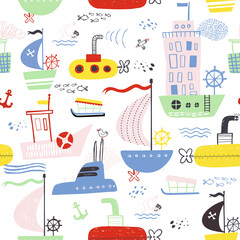 Seamless vector marine pattern. For cards, t-shirt prints, birthday, party invitations, scrapbook, summer holidays. Vector illustration in red, yellow and blue colors.