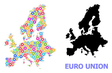 Obraz premium Vector mosaic map of Euro Union constructed for workshops. Mosaic map of Euro Union is shaped with randomized colored wheels. Engineering items in bright colors.