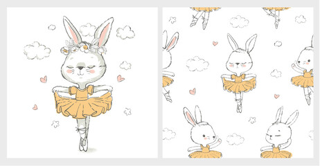Seamless pattern with the sweet ballerina bunny illustration vector for print design and other uses.. Can be used for t-shirt print, kids wear fashion design, baby shower invitation card. © FoxyImage