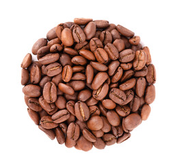 Coffee beans isolated on white background. Roasted arabica coffee beans. Top view.