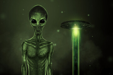 Green alien with black large glass eyes on the background of a flying saucer. UFO concept, aliens, contact with extraterrestrial civilization. 3D illustration, 3D render. © Aliaksandr Marko